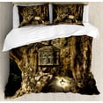thumbnail image 1 of Fantasy Duvet Cover Set, House in Tree Trunk in Forest with Folk Stories Themed Design Rustic Illustration, Decorative 3 Piece Bedding Set with 2 Pillow Shams, King Size, Umber Brown, by Ambesonne, 1 of 3