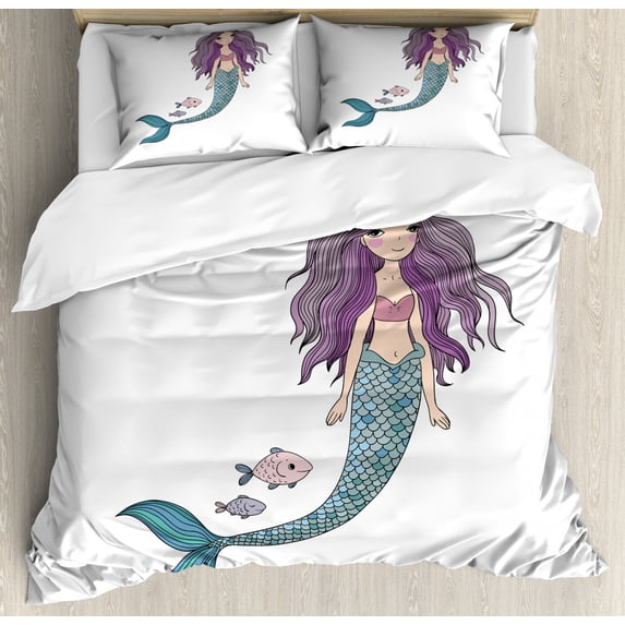 Fantasy Duvet Cover Set King Size, Cartoon Mermaid Princess with Wavy Hair Crown Little Pink Heart and Fish, Decorative 3 Piece Bedding Set with 2 Pillow Shams, Violet Blue Beige, by Ambesonne