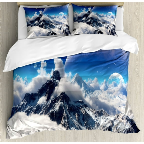 Fantasy Duvet Cover Set King Size, Celestial View of Snow Capped Mountains and Transparent Alien Planet Print, Decorative 3 Piece Bedding Set with 2 Pillow Shams, White and Navy Blue, by Ambesonne