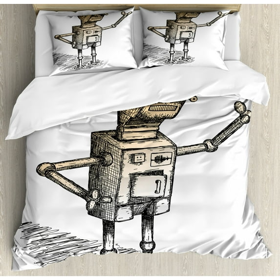 Fantasy Duvet Cover Set King Size, Hand Drawn Theme of Robot Sketch Humor Character Artsy Illustration, Decorative 3 Piece Bedding Set with 2 Pillow Shams, Black Grey Pale Marigold, by Ambesonne