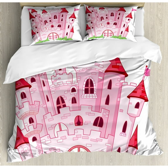 Fantasy Duvet Cover Set King Size, Princess Castle Cute Fairy Tale Princess Magic Kingdom Cartoon Illustration Art, Decorative 3 Piece Bedding Set with 2 Pillow Shams, Pink White, by Ambesonne