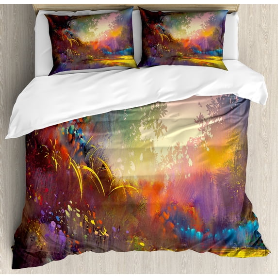 Fantasy Duvet Cover Set, Lake with Brush Effects Surreal Nature Elf Tranquil and Serene Art Print, Decorative 3 Piece Bedding Set with 2 Pillow Shams, King Size, Multicolor, by Ambesonne