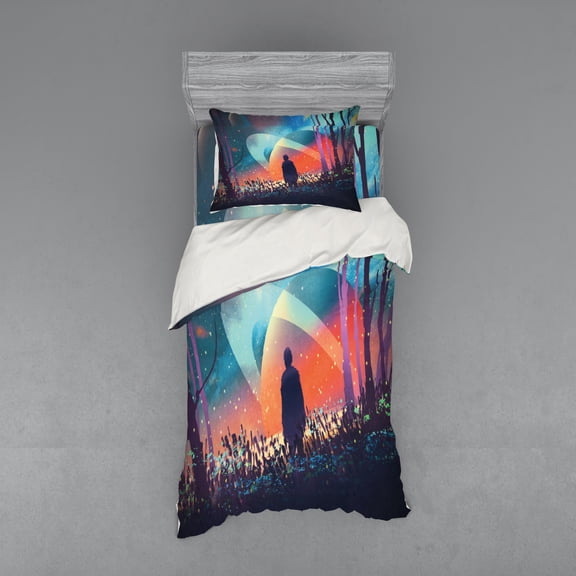 Fantasy Duvet Cover Set, Man Alone Under Vibrant Colored Reflections of Galaxy Planets Space Cosmos Art, Bedding Set with Shams and Fitted Sheet, 3 Sizes, by Ambesonne