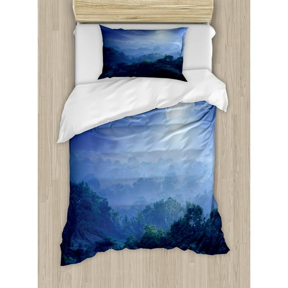 Fantasy Duvet Cover Set, Moonlight Covers the Jungles of Sri Lanka Rainforest Scenery View Image, Decorative 2 Piece Bedding Set with 1 Pillow Shams, Twin Size, Green and Blue, by Ambesonne
