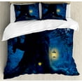 thumbnail image 1 of Fantasy Duvet Cover Set, Night with a Little Home in the Trunk of an Tree in the Woods Print, Decorative 3 Piece Bedding Set with 2 Pillow Shams, Queen Size, Navy Blue, by Ambesonne, 1 of 3