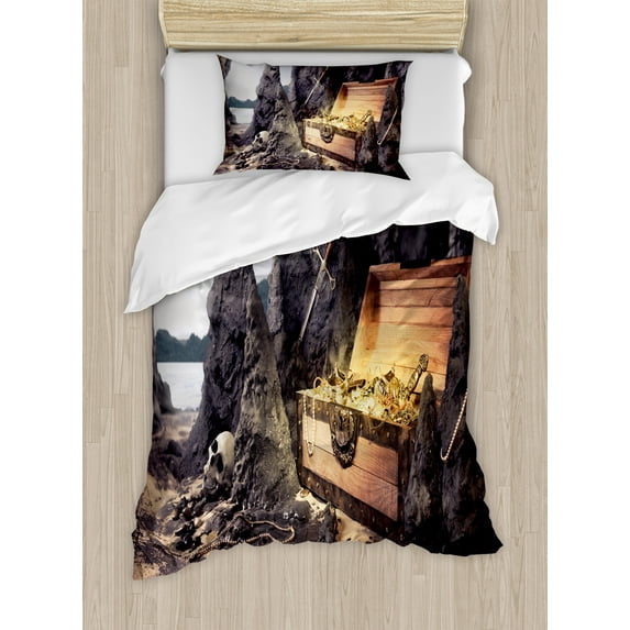 Fantasy Duvet Cover Set, Open Treasure Chest with Gold Coins in Cave Pirate Illustration, Decorative 2 Piece Bedding Set with 1 Pillow Shams, Twin Size, Charcoal Grey Amber, by Ambesonne
