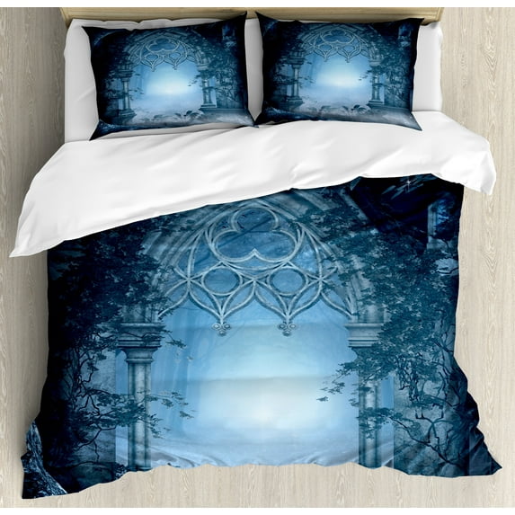 Fantasy Duvet Cover Set, Passage Doorway Through Enchanted Foggy Palace Garden at Night View, Decorative 3 Piece Bedding Set with 2 Pillow Shams, King Size, Navy Blue and Grey, by Ambesonne