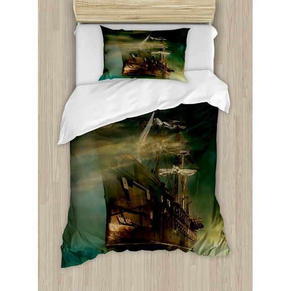 Fantasy Duvet Cover Set, Phantasmagoric Old Ship Sailing on Calm SeMisty Weather Marine Theme, Decorative 2 Piece Bedding Set with 1 Pillow Shams, Twin Size, Green Brown Dark Blue, by Ambesonne