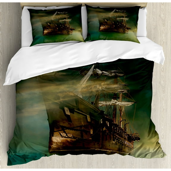 Fantasy Duvet Cover Set, Phantasmagoric Old Ship Sailing on Calm SeMisty Weather Marine Theme, Decorative 3 Piece Bedding Set with 2 Pillow Shams, Calking Size, Green Brown Dark Blue, by Ambesonne
