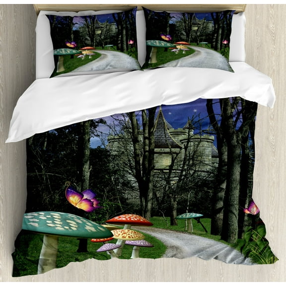 Fantasy Duvet Cover Set Queen Size, Enchanted Forest and Castle with Mushrooms Starry Night and Full Moon Footpath, Decorative 3 Piece Bedding Set with 2 Pillow Shams, Multicolor, by Ambesonne