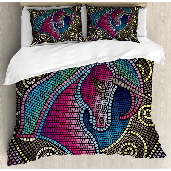 Fantasy Duvet Cover Set Queen Size, Fractal Unicorn Figure with Mosaic Art Tile Effects Girlish Creature Display Print, Decorative 3 Piece Bedding Set with 2 Pillow Shams, Multicolor, by Ambesonne