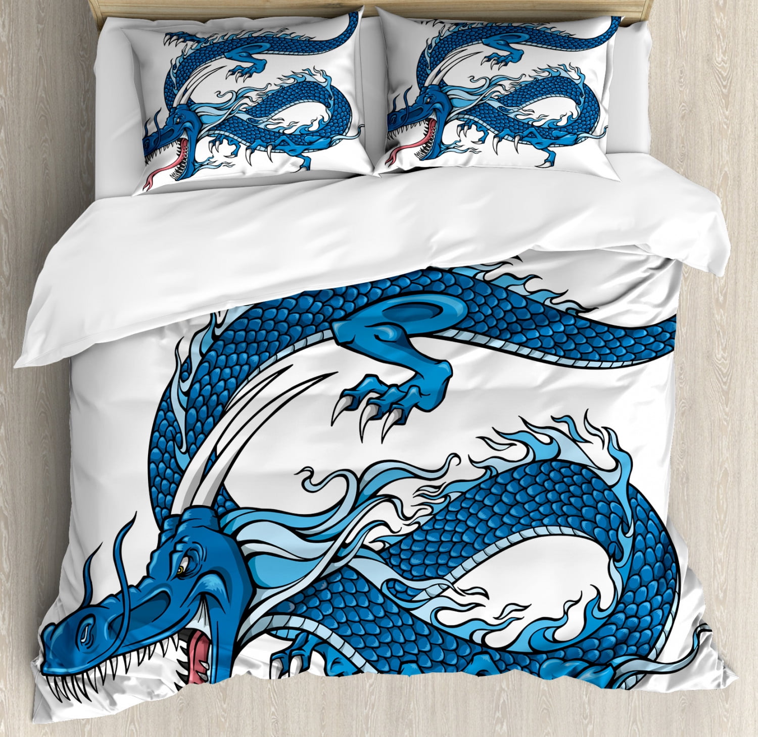 Blue Dragon Print Queen Duvet Cover Set with Pillow Shams