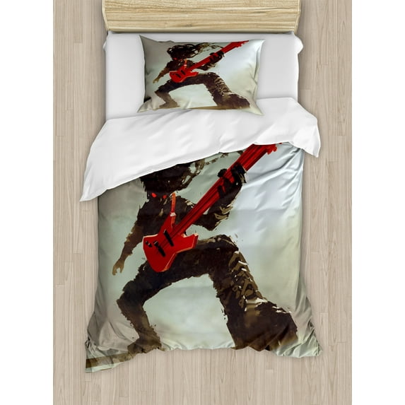 Fantasy Duvet Cover Set, Rocker Guitarist Playing Bass Headbanging Hipster Rock Display Red Eyes Art Print, Decorative 2 Piece Bedding Set with 1 Pillow Shams, Twin Size, Red Grey, by Ambesonne