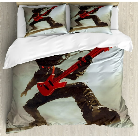 Fantasy Duvet Cover Set, Rocker Guitarist Playing Bass Headbanging Hipster Rock Display Red Eyes Art Print, Decorative 3 Piece Bedding Set with 2 Pillow Shams, King Size, Red Grey, by Ambesonne