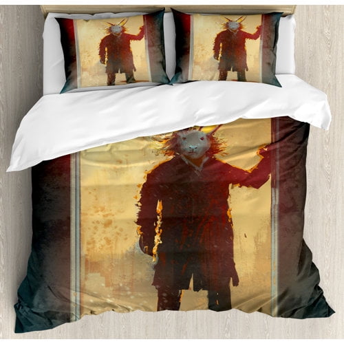 Fantasy Duvet Cover Set, Scary Person with Rabbit at the Door People Acrylic Paint Print, Decorative 3 Piece Bedding Set with 2 Pillow Shams, Queen Size, Yellow and Black, by Ambesonne