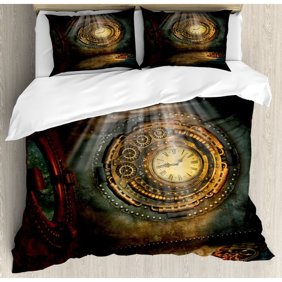 Fantasy Duvet Cover Set, Fantasy Scenery with Clock Dream Sky Rays from the Ceiling Fictional Art, Decorative 3 Piece Bedding Set with 2 Pillow Shams, King Size, Brown and Teal, by Ambesonne