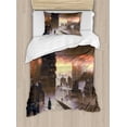 thumbnail image 1 of Fantasy Duvet Cover Set, Science Fiction Abandoned City with Robot Walking Futuristic Digital Graphic, Decorative 2 Piece Bedding Set with 1 Pillow Shams, Twin Size, Dark Taupe Salmon, by Ambesonne, 1 of 3