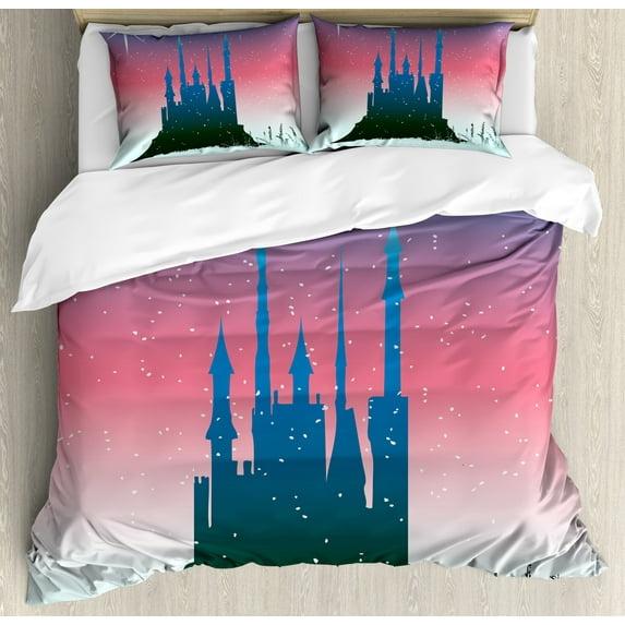 Fantasy Duvet Cover Set, Silhouette of Medieval Tale Castle with Stars on Sky Cartoon Design, Decorative 3 Piece Bedding Set with 2 Pillow Shams, King Size, Blue Dark Coral, by Ambesonne