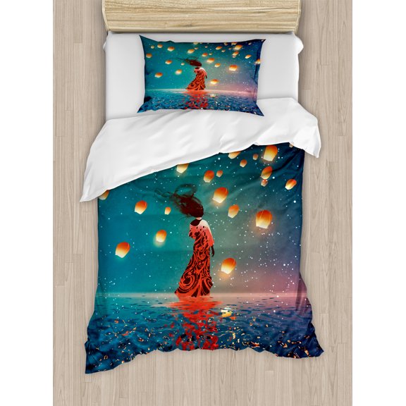 Fantasy Duvet Cover Set, Sorcerer Woman with Red Dress Standing on Water Floating Candles on Air Fantasy Art, Decorative 2 Piece Bedding Set with 1 Pillow Shams, Twin Size, Navy Blue, by Ambesonne