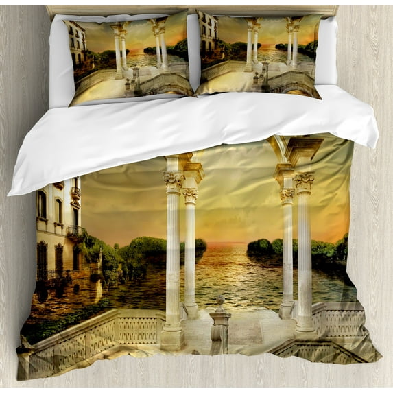 Fantasy Duvet Cover Set, Surreal Bridge Gateway with Ornaments Enchanted Woods Land, Decorative 3 Piece Bedding Set with 2 Pillow Shams, King Size, White Pale Yellow Green, by Ambesonne