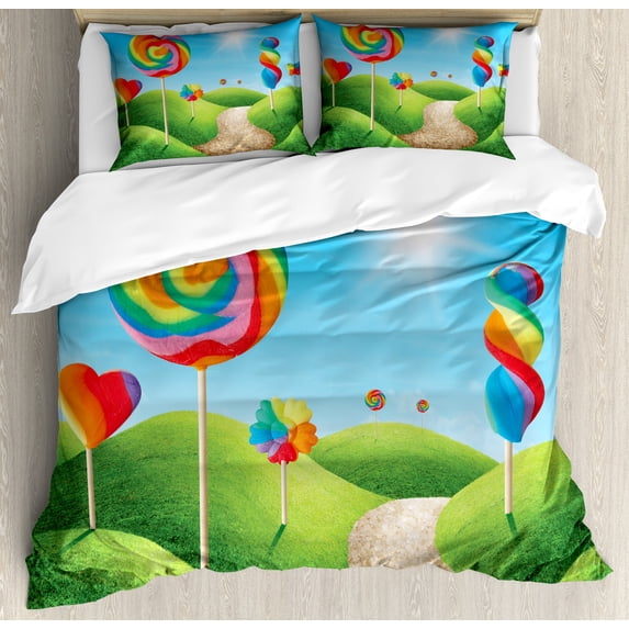 Fantasy Duvet Cover Set, Surreal Candy Land Delicious Lollipops and Sweets Sun Cheerful Fun Print, Decorative 3 Piece Bedding Set with 2 Pillow Shams, King Size, Green Blue Red, by Ambesonne