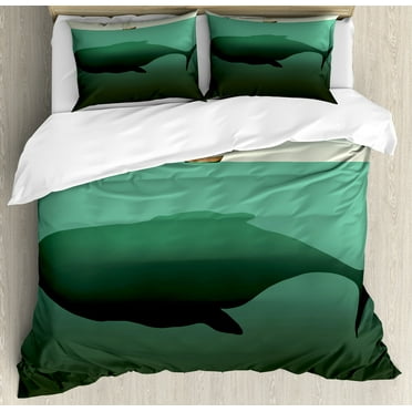 Fantasy Duvet Cover Set, Surreal Giant Whale in the Middle of Sea and Little Sailboat on the Surface Print, Decorative 3 Piece Bedding Set with 2 Pillow Shams, Calking Size, Green Beige, by Ambesonne