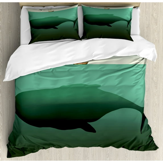 Fantasy Duvet Cover Set, Surreal Giant Whale in the Middle of Sea and Little Sailboat on the Surface Print, Decorative 3 Piece Bedding Set with 2 Pillow Shams, Queen Size, Green Beige, by Ambesonne