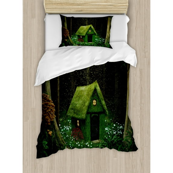Fantasy Duvet Cover Set, Surreal Little Forest House in Moss Enchanted Woodland Elves Design, Decorative 2 Piece Bedding Set with 1 Pillow Shams, Twin Size, Hunter Green Army Green, by Ambesonne