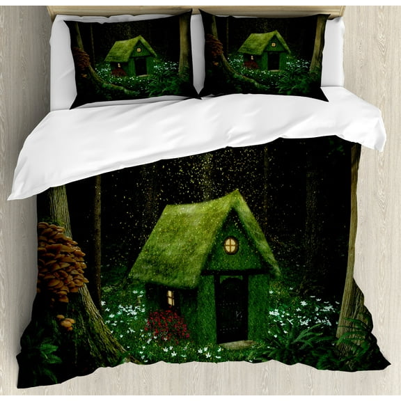 Fantasy Duvet Cover Set, Surreal Little Forest House in Moss Enchanted Woodland Elves Design, Decorative 3 Piece Bedding Set with 2 Pillow Shams, King Size, Hunter Green Army Green, by Ambesonne