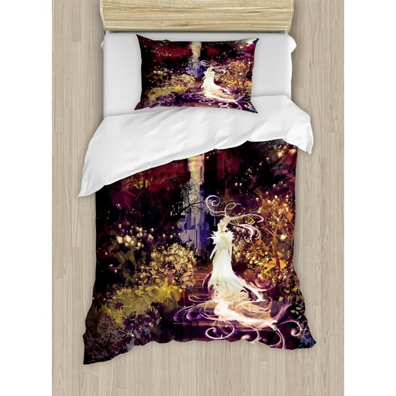 Fantasy Duvet Cover Set, Surreal Silhouette of Elf Lady on Stair in Garden Expressionist Art, Decorative 2 Piece Bedding Set with 1 Pillow Shams, Twin Size, Magenta Green, by Ambesonne