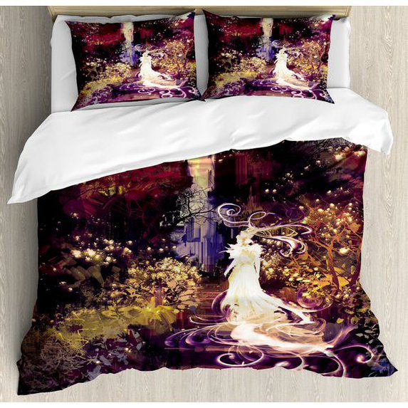 Fantasy Duvet Cover Set, Surreal Silhouette of Elf Lady on Stair in Garden Expressionist Art, Decorative 3 Piece Bedding Set with 2 Pillow Shams, Queen Size, Magenta Green, by Ambesonne