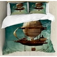 thumbnail image 1 of Fantasy Duvet Cover Set, Surreal Sky Scenery Steampunk Airship Sci Fi Stardust Space Image, Decorative 2 Piece Bedding Set with 1 Pillow Sham, Twin Size, Teal and Brown, by Ambesonne, 1 of 3