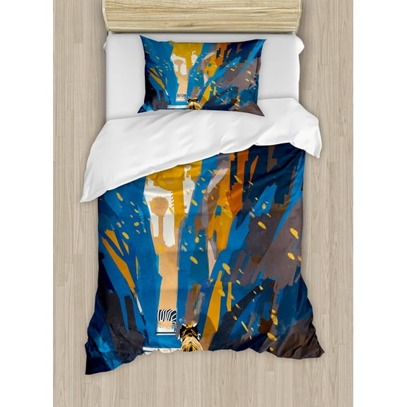 Fantasy Duvet Cover Set, Tiger in City Streets Narrow Walls Digital Wilderness Jungle Savannah, Decorative 2 Piece Bedding Set with 1 Pillow Shams, Twin Size, Orange Blue, by Ambesonne