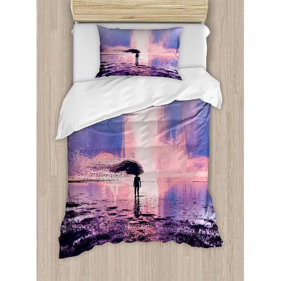 Fantasy Duvet Cover Set, Trippy Person in Wind Blowing Hair on the Water Serene Art, Decorative 2 Piece Bedding Set with 1 Pillow Shams, Twin Size, Pink and Blue, by Ambesonne