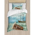 thumbnail image 1 of Fantasy Duvet Cover Set Twin Size, Antique Old Trunk in Ocean Waves with Magic Bird Pirate Boat Picture, Decorative 2 Piece Bedding Set with 1 Pillow Sham, Mint Green Pale Caramel, by Ambesonne, 1 of 3