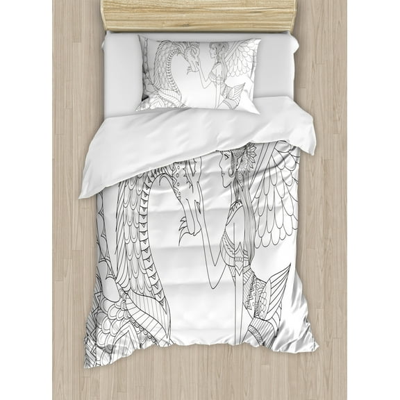 Fantasy Duvet Cover Set Twin Size, Drawing of a Fairy Caressing a Dragon Ornamental Details Flowers Wings Artwork, Decorative 2 Piece Bedding Set with 1 Pillow Sham, Black White, by Ambesonne
