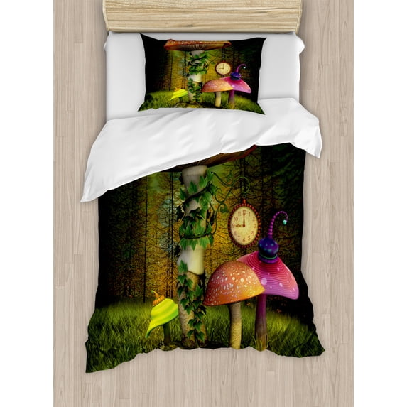 Fantasy Duvet Cover Set Twin Size, Fiction Forest with Giant Mushrooms and Elves Magical Fairytale Enchanted Image, Decorative 2 Piece Bedding Set with 1 Pillow Sham, Green Coral, by Ambesonne