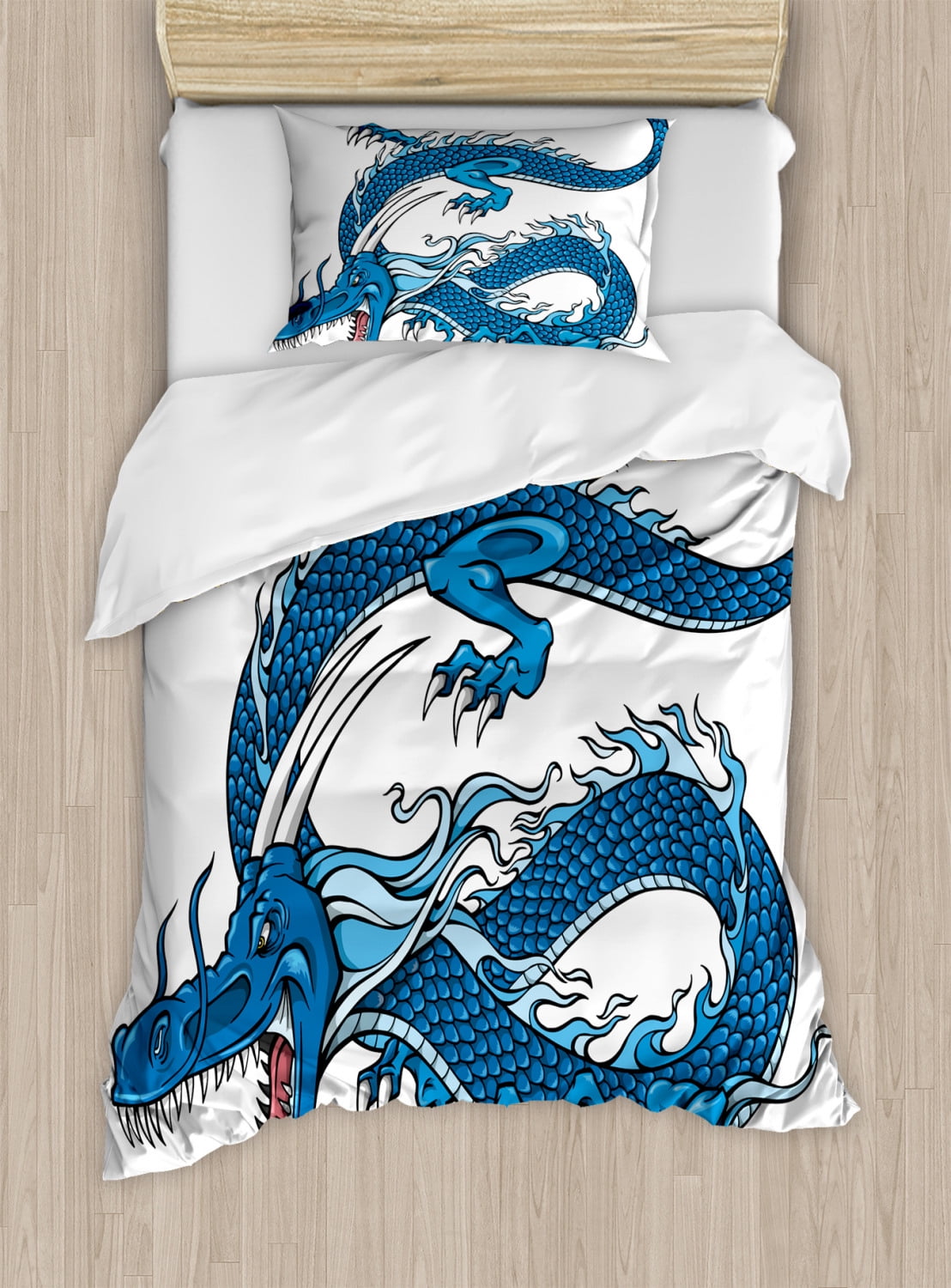 Twin Blue Dragon Print Microfiber Duvet Cover Set