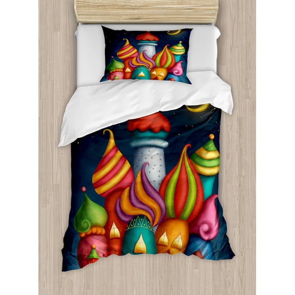 Fantasy Duvet Cover Set Twin Size, Oriental Style Arabesque Castles under Starry Sky Fairytale Kids Playroom Graphic, Decorative 2 Piece Bedding Set with 1 Pillow Sham, Multicolor, by Ambesonne
