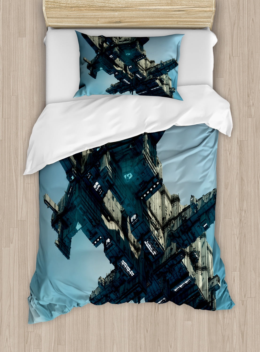 Twin Sci-Fi Alien Ship Blue Microfiber Duvet Cover Set