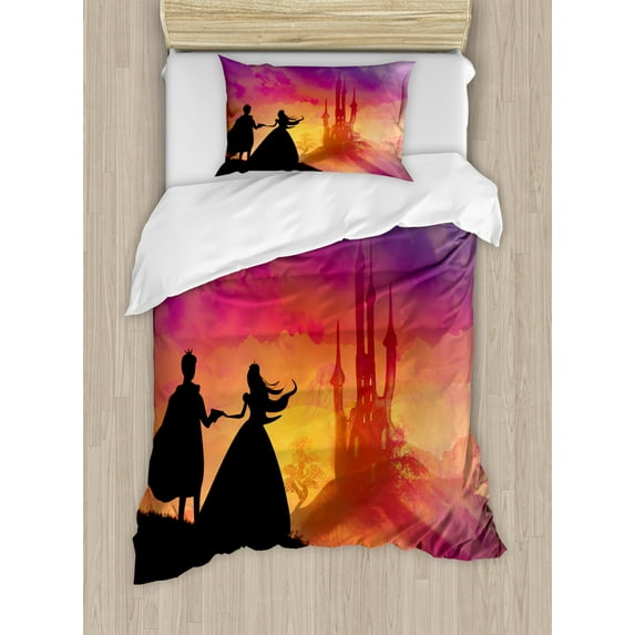 Fantasy Duvet Cover Set Twin Size, Silhouette of Prince and Princess Magical Castle House Fairytale Dream Girls Image, Decorative 2 Piece Bedding Set with 1 Pillow Sham, Multicolor, by Ambesonne
