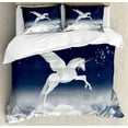 thumbnail image 1 of Fantasy Duvet Cover Set, Unicorn Flying over Clouds Novelty and Purity Magic Creature Image, Decorative 3 Piece Bedding Set with 2 Pillow Shams, Queen Size, White Blue, by Ambesonne, 1 of 3