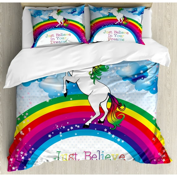 Fantasy Duvet Cover Set, Unicorn Surreal Myth Creature Before Rainbow Clouds Star Fantasy Girls, Decorative 3 Piece Bedding Set with 2 Pillow Shams, King Size, Multicolor, by Ambesonne