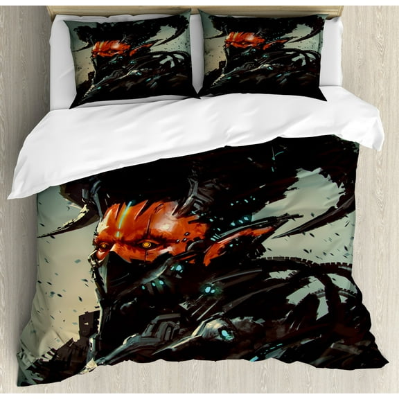 Fantasy Duvet Cover Set, Unusual Sinister Robotic Demon Character Futuristic Computer-Generated Cyber Print, Decorative 3 Piece Bedding Set with 2 Pillow Shams, King Size, Black Red, by Ambesonne