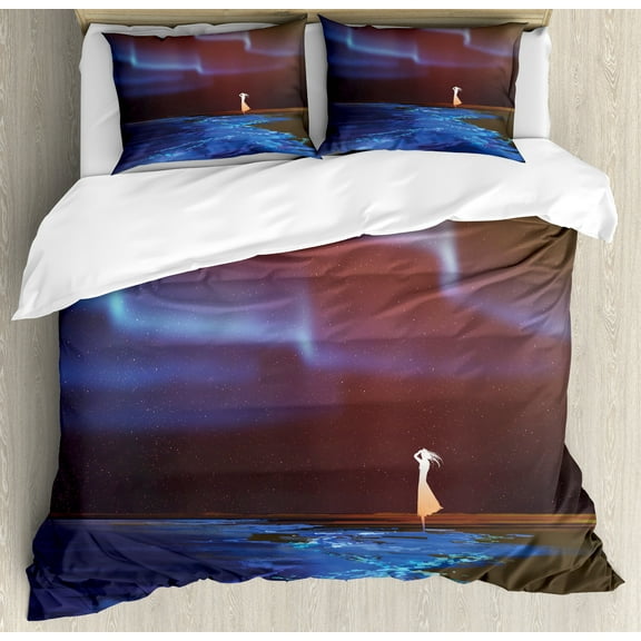 Fantasy Duvet Cover Set, Woman on Beach Psychedelic Design Aurora Borealis Sky Star Nature Picture Print, Decorative 3 Piece Bedding Set with 2 Pillow Shams, Queen Size, Blue Purple, by Ambesonne