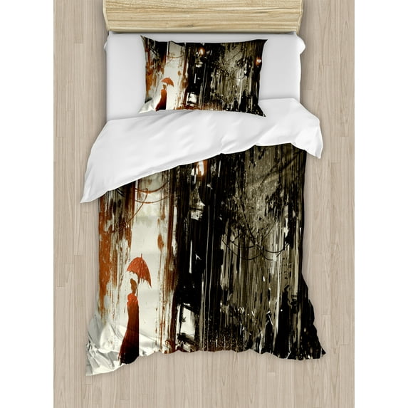 Fantasy Duvet Cover Set, Woman with Umbrella in Rain Old Town Ruins Apocalypse Superhero Action Desgin, Decorative 2 Piece Bedding Set with 1 Pillow Shams, Twin Size, Army Green Beige, by Ambesonne
