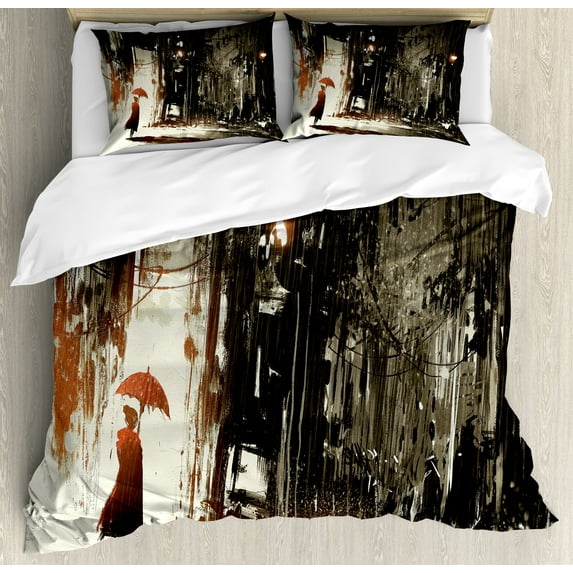 Fantasy Duvet Cover Set, Woman with Umbrella in Rain Old Town Ruins Apocalypse Superhero Action Desgin, Decorative 3 Piece Bedding Set with 2 Pillow Shams, Calking Size, Army Green Beige, by Ambesonne