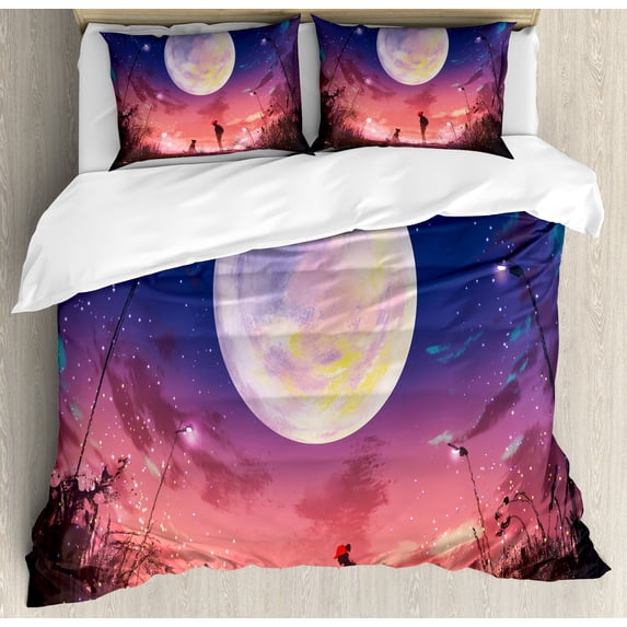 Fantasy Duvet Cover Set, Young Woman with a Dog Under Huge Moon Starry Sky Celestial Friendship Art, Decorative 3 Piece Bedding Set with 2 Pillow Shams, King Size, Navy Coral, by Ambesonne
