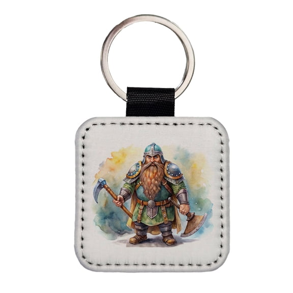 Fantasy Dwarf Fighter Warrior Tank Watercolor Faux Leather Square Keychain