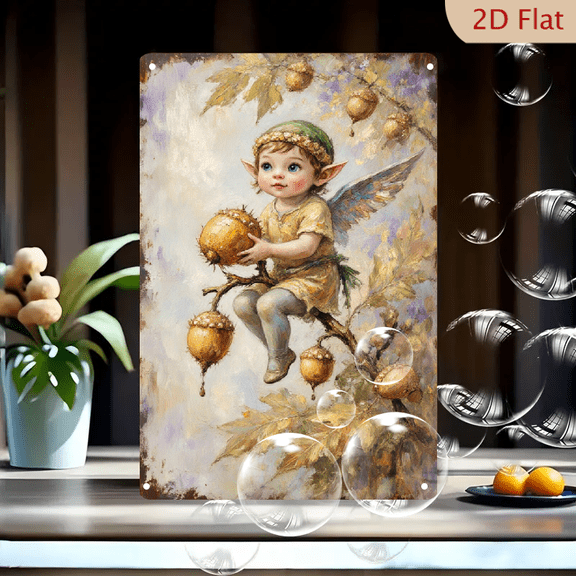 Fantasy Elf Child with Acorn Cup Sitting on Oak Branch, 8x12 Inches Metal Wall Art Print, Whimsical Autumn Nature Painting with Golden Leaves and Translucent Wings for Home Decor